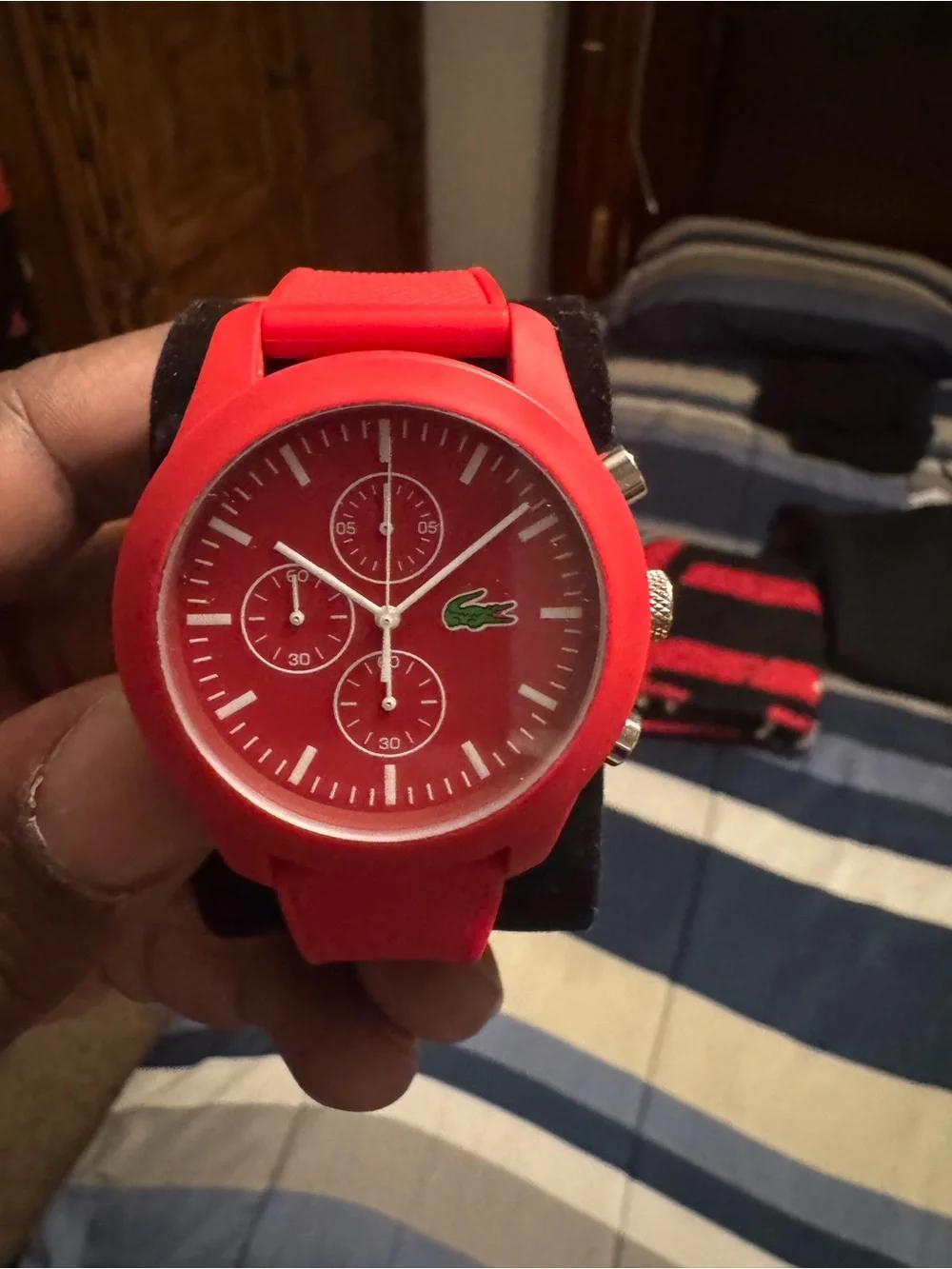 Lacoste Red Silicone Chronograph Men's Watch with Green Logo only worn once